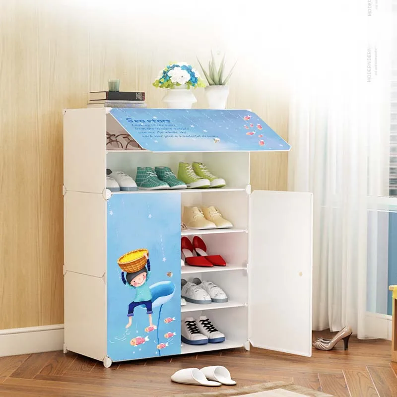 

New Simple Plastic Shoe Cabinet Open Door Creative Home Combination Shoe Finishing Simple Cartoon Sticker Shoe Rack