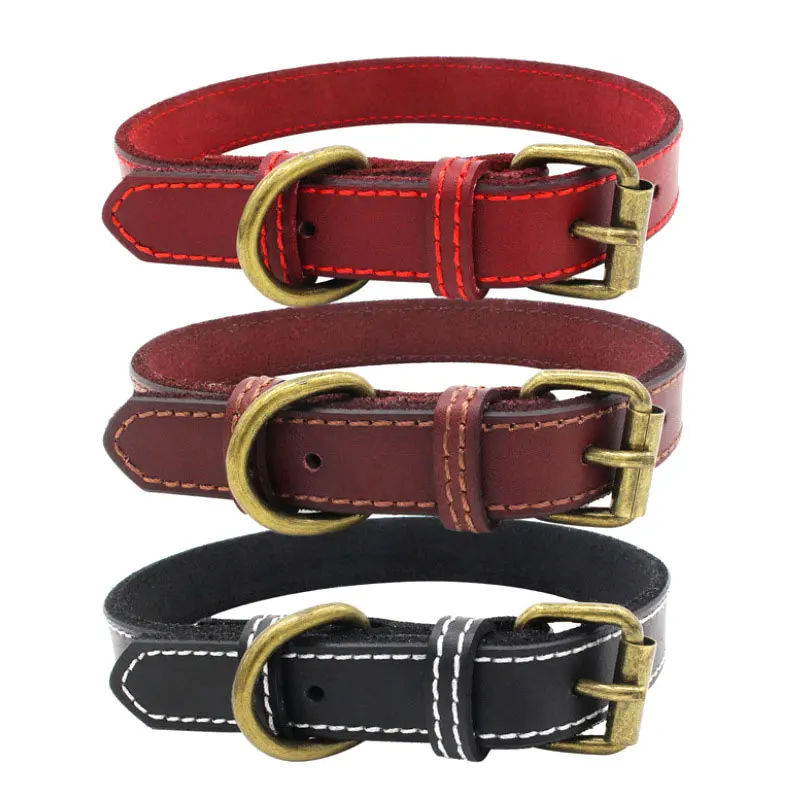 

Adjustable genuine Leather Dogs cats Collar Soft Pet Dog Collar with Copper Buckle Red Brown Black for Medium Small Dogs