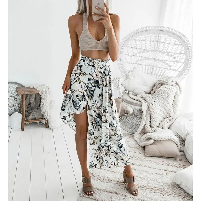 Vintage Floral Long Beach Skirts Women Summer High Waist Bandage
