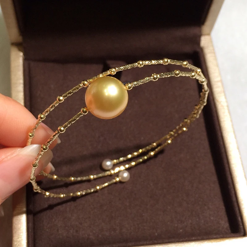 

Sinya Natural Golden Pearls 18k AU750 Gold Tube Bangles Bracelet for Women Girl Mom Lover Pearl Diameter 10-11cm