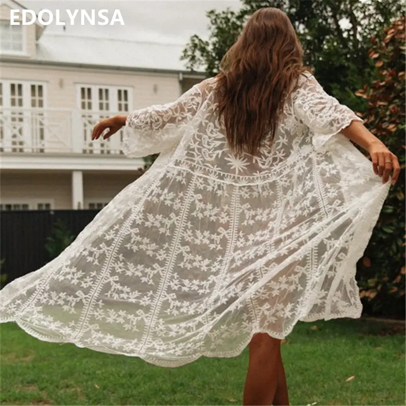 

2019 Lace Beach Pareo Beachwear Swim suit Cover up Playa Pareo Tunics for Beach Kimono Swimwear Women Lace Beach Dress #Q795