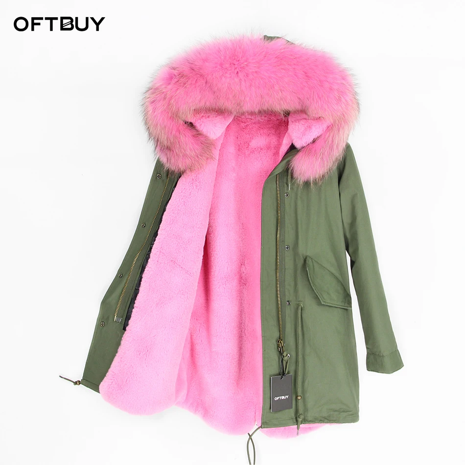 Женская парка с воротником из меха енота OFTBUY зеленая длинная теплая куртка