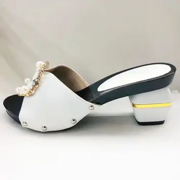 

Hot sale white women chunky heel shoes with big pearl decoration african pumps for dress V224,heel 5.5CM