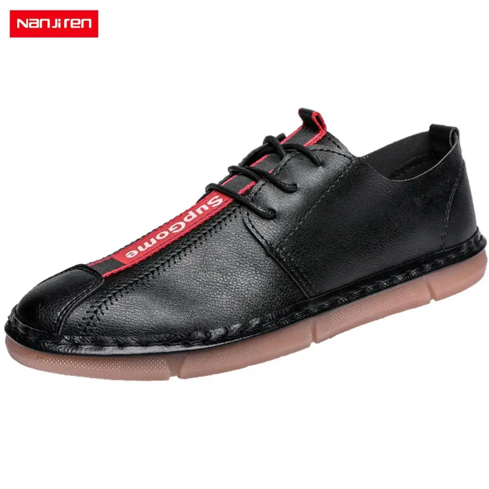 Nanjiren Men's Shoes White Black Genuine Leather Breathable Casual Fashion Comfortable Male Footwear Walking