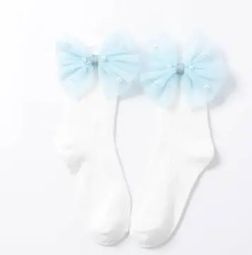 Новые носки для маленьких девочек кружевные банты, хлопковые носки до лодыжки для малышей милые детские носки принцессы с бисером для маленьких девочек - Цвет: white side bow