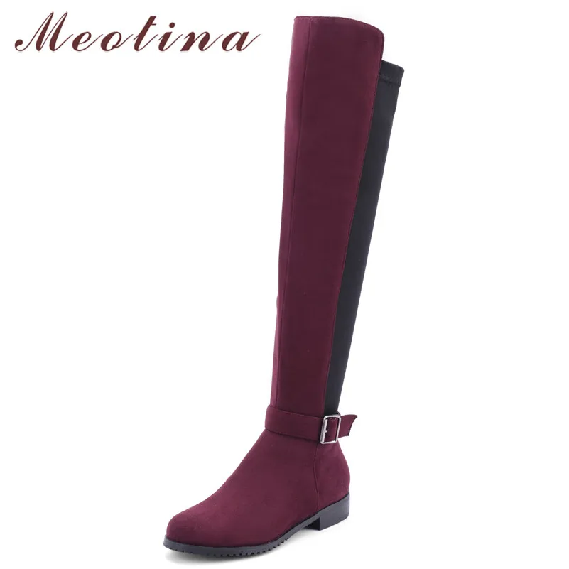 

Meotina Autumn Over the Knee Boots Women Zipper Flat Thigh High Boots Slim Stretch Buckle Round Toe Shoes Ladies Big Size 34-43