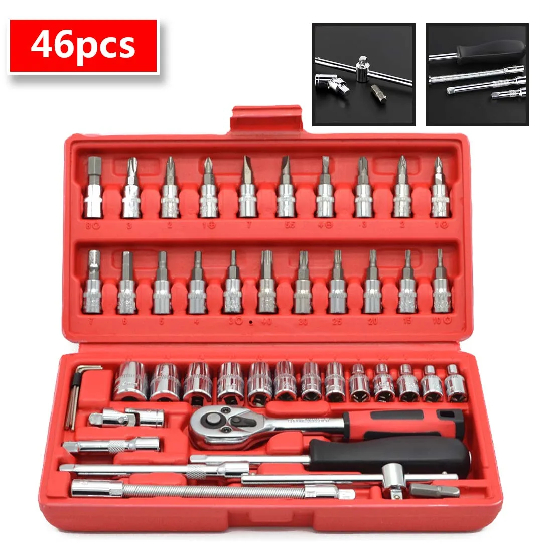 46pcs 1/4 Inch Socket Set Car Repair Tool Ratchet Set Torque Wrench