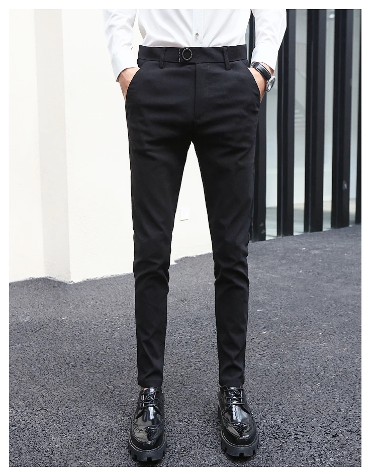 Новинка 2018 г. Британский Стиль Для мужчин брюки черный Slim Fit Тощий костюм брюки формальные длинные брюки Мужской Качество стрейч