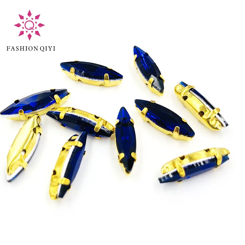 4x15mm Royal blue Horse eye shape 50pcs Glass Crystal Gold bottom sew on claw rhinestones with holes diy Sewing On Garment