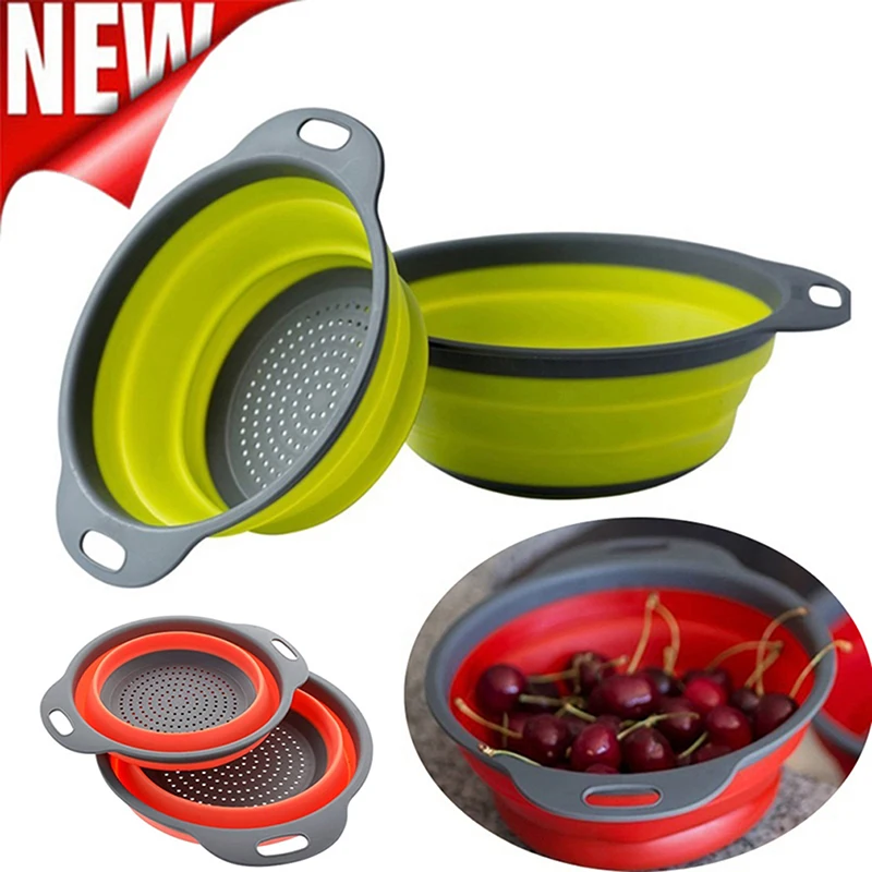 

Hot Silicone Colander Fruit Vegetable Washing Basket Strainer Strainer Collapsible Drainer With Handle Kitchen Tools 2 Colors
