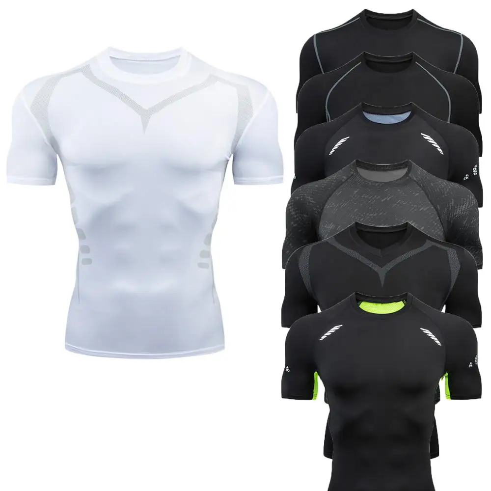 

2019 new men's running T-shirt compression quick-drying jogging training T-shirt short-sleeved gym fitness sportswear shirt