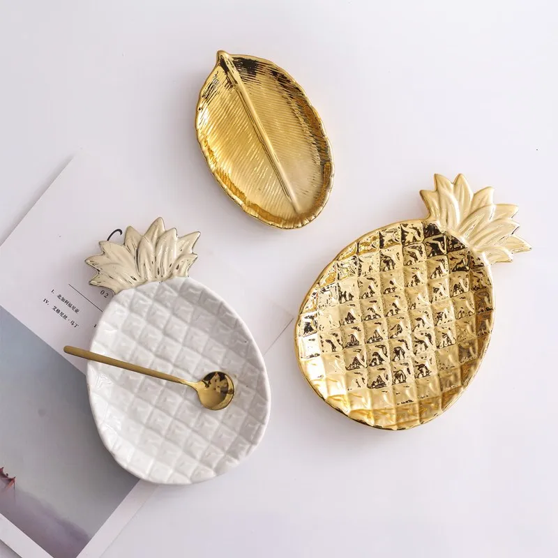 Decorative Gold Pineapple Leaf Ceramic Charger Plate Dish Porcelain Candy Trinket Dish Jewelry Storage Plate Crockery Tableware Decorative Gold Pineapple Leaf Ceramic Charger Plate Dish Porcelain Candy Trinket Dish Jewelry Storage Plate Crockery Tableware