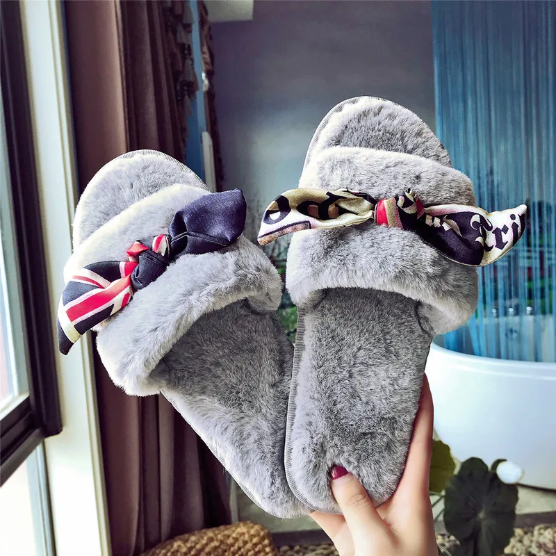 

EABXZ 2019 new fur shoes female bow fabric slippers autumn winter wild comfortable casual student shoes zapatos de mujer slides
