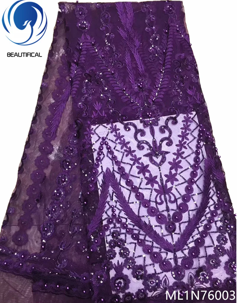 

Beautifical african lace fabrics Latest design french lace with beads for wedding 5yards sequins net lace embroidery ML1N760