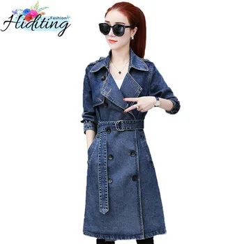 

Medium Long Denim Jacket Women Double-Breasted Windbreaker 2019 Spring Autumn New Slim Fashion Female Denim Windbreaker WIN138