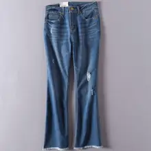 Весна Осень женские модные узкие джинсы с дырками со средней талией расклешенные брюки размера плюс