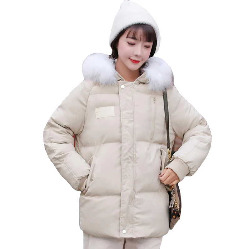 

Women Winter Jacket With Fur Collar Hooded Breasted Buttons Short Female Down Coat Outwear Parka Casaco Feminino