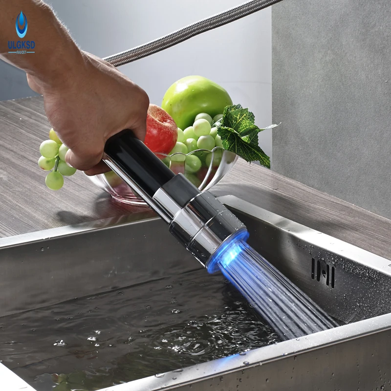 

ULGKSD New Design Chrome with LED Light Kitchen Spout Sprayer Replacement Head Pull- Out Spout for Kitchen Faucet Spayer Head