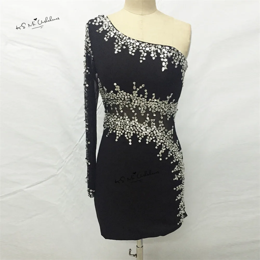 Шикарные черные короткие коктейльные платья Vestidos de Fiesta Cortos вечернее платье с длинными рукавами и кристаллами 2017 Robe de Cocktail Jurken