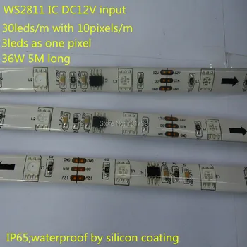 

5m DC12V 30leds/m with 10pixels/m WS2811 dream color strip, IP65;waterproof in silicon coating;white pcb
