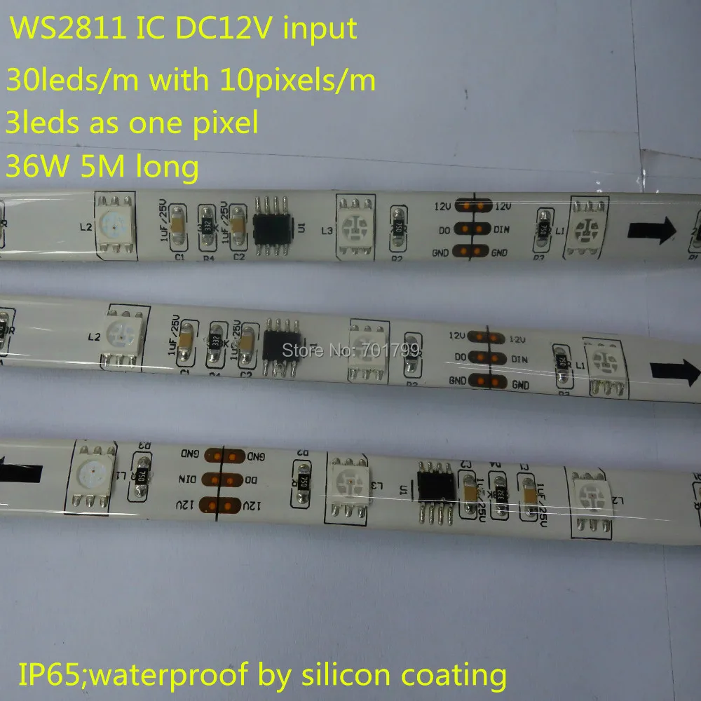 Светодиодная лента WS2811 5 м 12 в пост. Тока 30 светодиодов/м с 10 pix./м цветная IP65