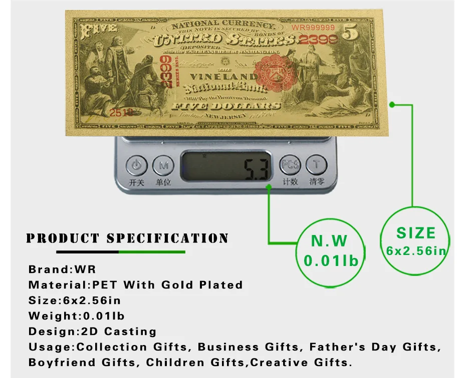 WR американская цветная 24k Золотая банкнота, домашняя декоративная банкнота, 1875 год, рекламный подарок, поддельные деньги, бизнес сувенир, подарки с подставкой