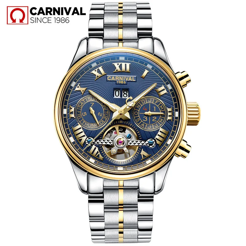 

CARNIVAL Tourbillon Mechanical Watch Men Skeleton Gold Automatic Watch Men Stainless Steel Waterproof Relogio Luminous Blue dial