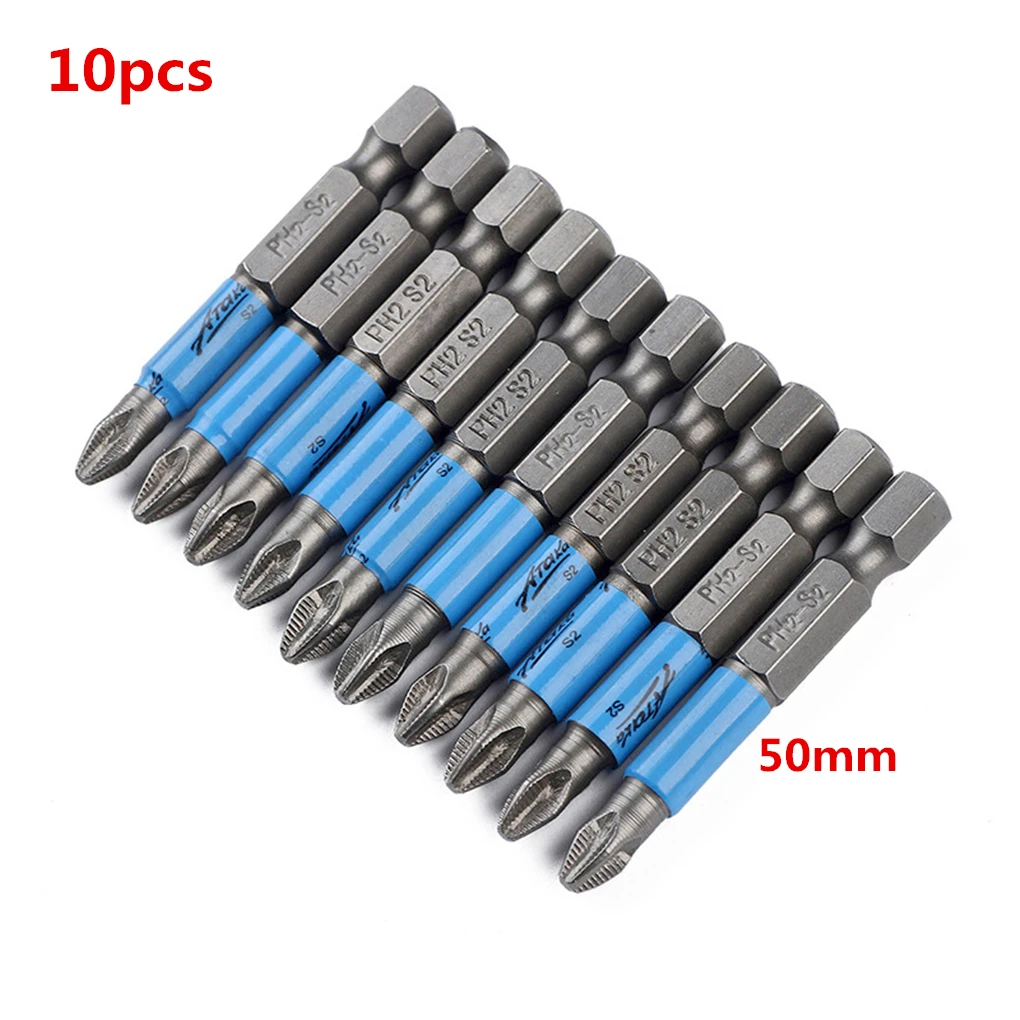 

10pcs 50mm Single Head PH2 Phillips Tip Screwdriver Bit Set Hex Shank Anti Slip Electric Magnetic Screwdriver Bits