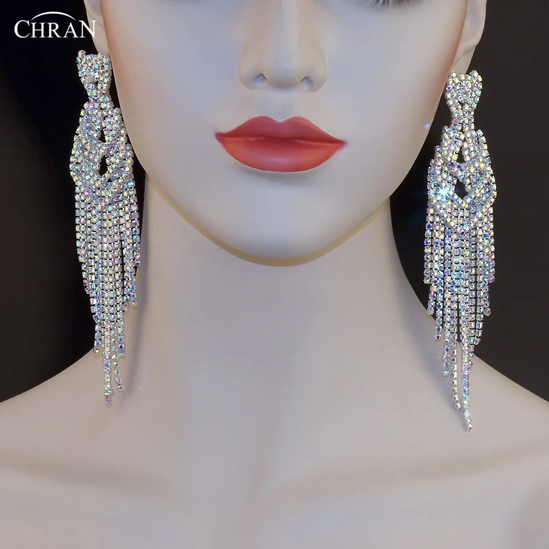CHRAN Silver Full Rhinestone Earrings for Women Elegant Long Tassel Crystal Eardrop Festival Wedding Jewelry