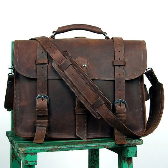 Vintage Crazy Horse Genuine Leather Men Briefcase Business Bag Large Leather Briefcases Men 15.6″Laptop Case Shoulder Bags M086#