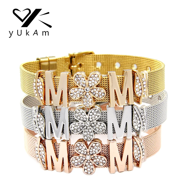 

YUKAM Jewelry Keys Mom Rhinestone Plum Flower Slide Charm Keeper Bracelets Crystal Leaf Stainless Steel Mesh Bracelets for Women