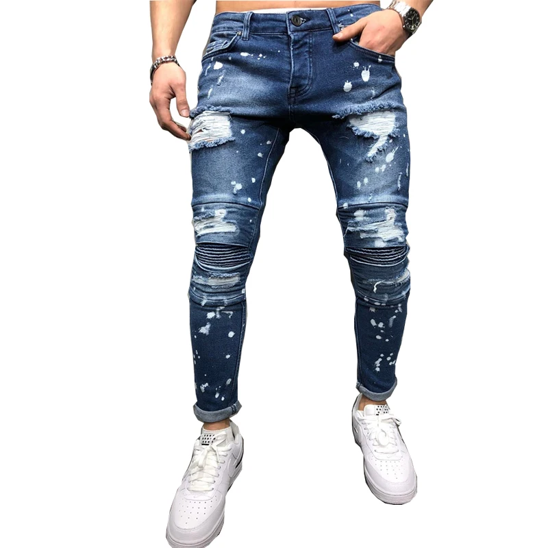 New Hip hop Men Splashing Ink Slim Knee Pleated Ripped Skinny Biker ...