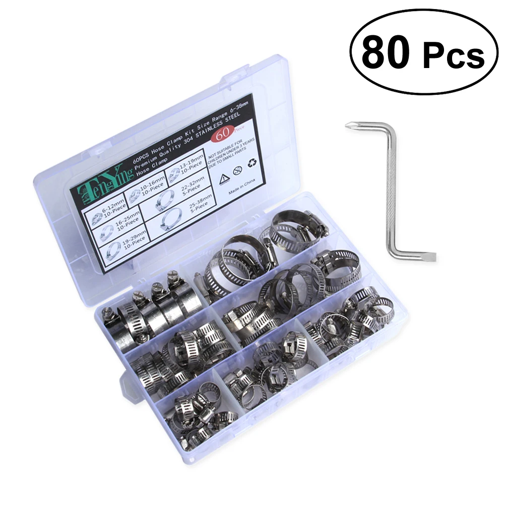 

60 Pcs Hose Clamp Stainless Steel Adjustable 6-38mm Range High Quality Fuel Line Clamp with Z Wrench
