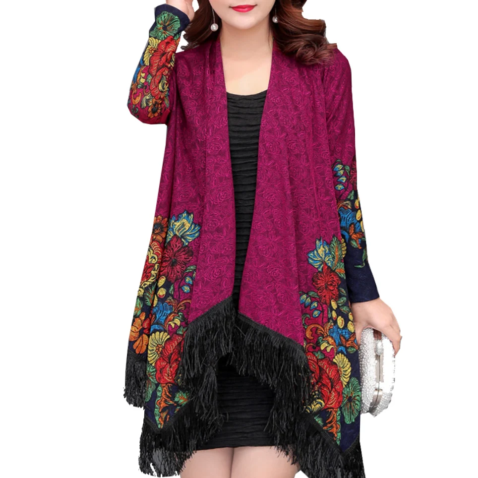 

Jackets Coats Women 2019 Spring Floral Tassels Vintage Casual Lady Coats Chaqueta Plus Size L~4XL 5XL Cardigans Woman Kimonos