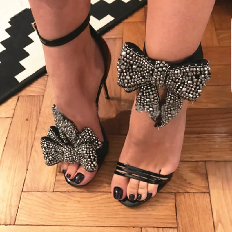 

2020 Red Black Rhinestone Bow Embellished Shoes Women High Heel Summer Luxury Sandals Stiletto Butterfly Knot Female Sandales