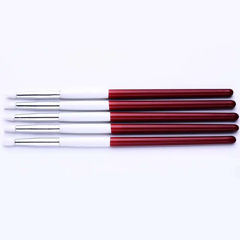 

5Pcs Nail Art Brush Pen Silicone Head Wooden Handle Rhinestone Acrylic Handle Carving Brush Pen Craft Polish Nail Art Tools