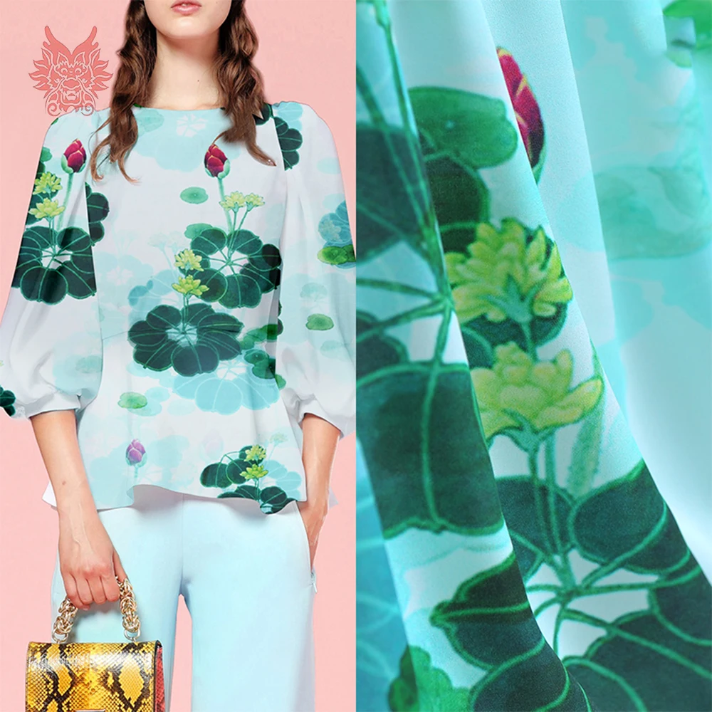 

Elegant pastoral green lotus print stretch silk fabric for dress shirt matt natural silk cloth tela tejido apparel 19mm SP5550