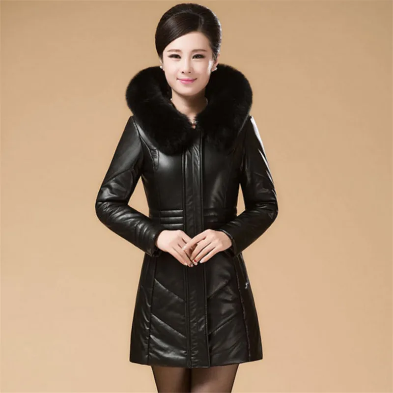 Plus Size Winter Warm Parkas For Women 4XL 5XL Fur Hooded Leather Overcoat Female Large Size Thicken Down Cotton Coat Ds50277