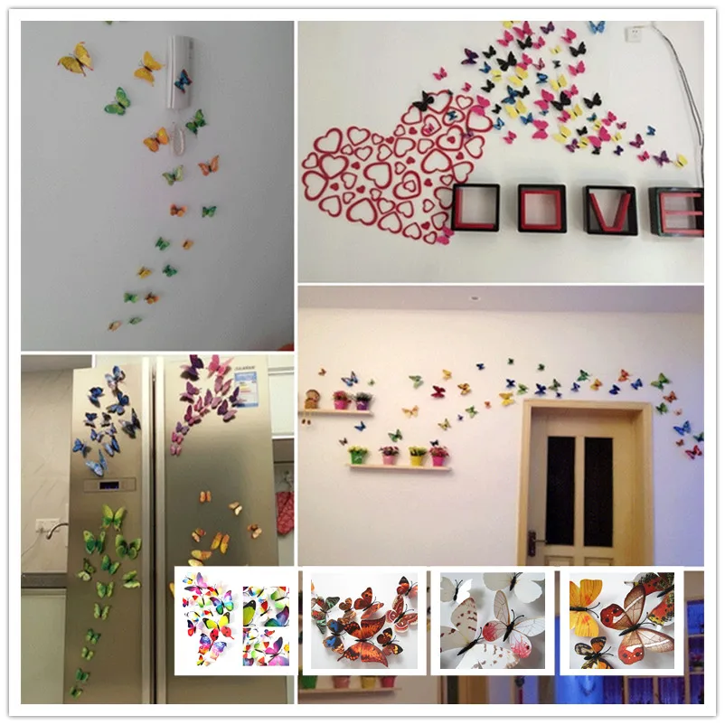 

Hot 12pcs/set Plastic 3D Artificial Butterfly Magnet for Fridge Decor Wall Stickers with Glue Home Decoration