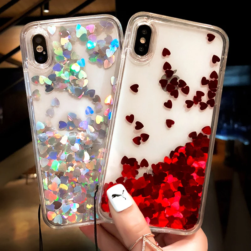

Liquid Glitter Bling Love Heart Quicksand Soft Silicone Case for iPhone 5 5S 5SE 6 6S 7 8 Plus Cover for iPhone X Phone Cases