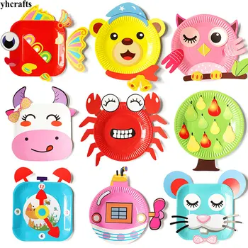 

12PCS(1box)/LOT.Animals Flower Bird Cartoon paper plate craft kits Early learning educational toys Kindergarten craft diy toys