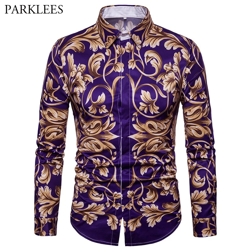 

Gold Flower 3D Print Shirt Men 2018 Autumn New Long Sleeve Covered Button Mens Casual Dress Shirts Brand Chemise Homme Camisa