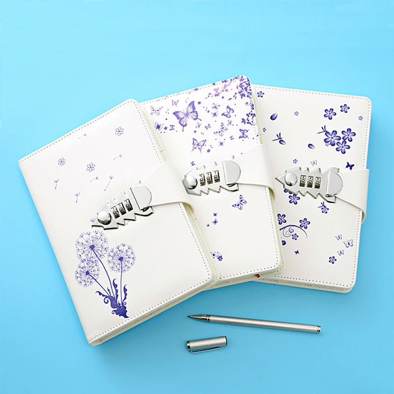 

Original Flower series Three-digit password Notebook PU Leather Notepad stationery supplies with Lock Travel Diary Gift Box A5