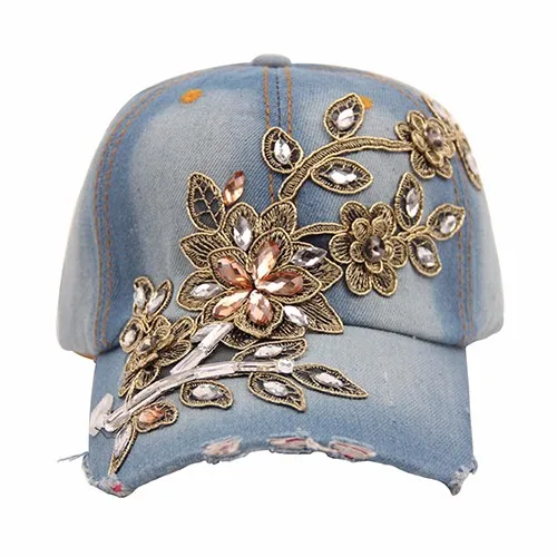 Для женщин Тиснение цветок джинсовой Бейсбол Кепки Лето горный хрусталь Snapback Джинсы для женщин Hat
