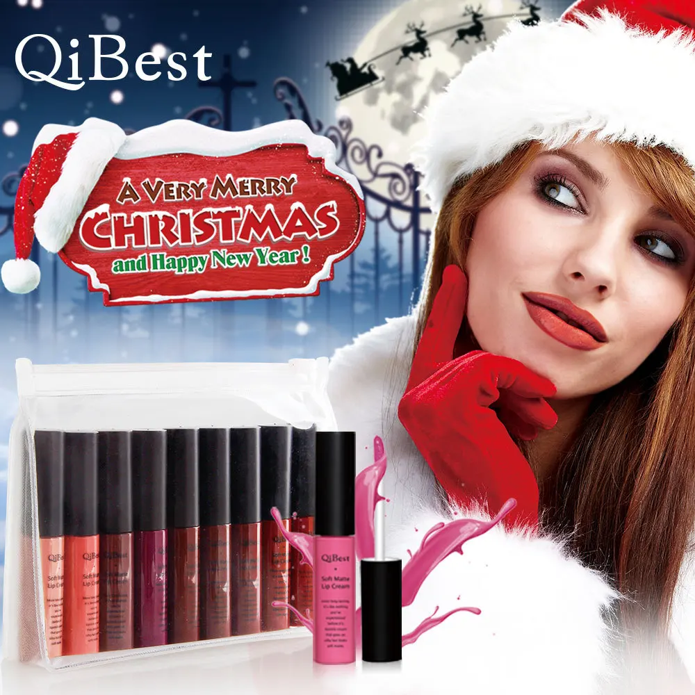 QIBEST Christmas Gifts 9pcs/lots Lip Gloss Sets Waterproof Long-lasting Nude Moisturizer Lasting Liquid Lipstick Matte | Красота и