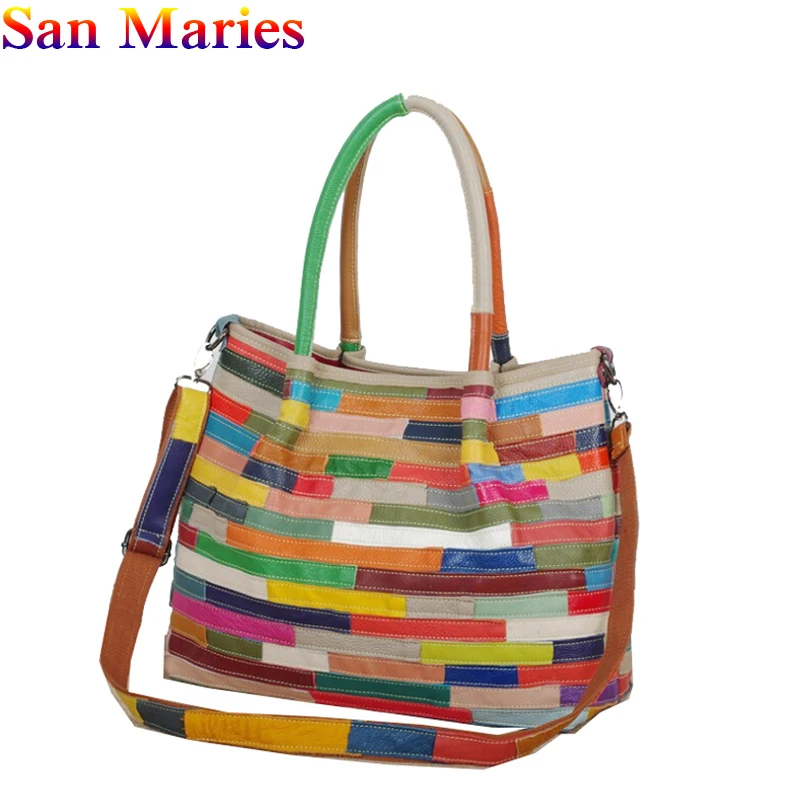 Сумки San maries женская сумка из натуральной кожи модные в полоску Лоскутные сумки женские повседневные сумки на плечо