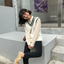 Поп Harajuku осень Повседневное v-образным вырезом без рукавов Цвет в полоску свитер Для женщин трикотажные пуловеры; свитеры опрятный шикарный жилет