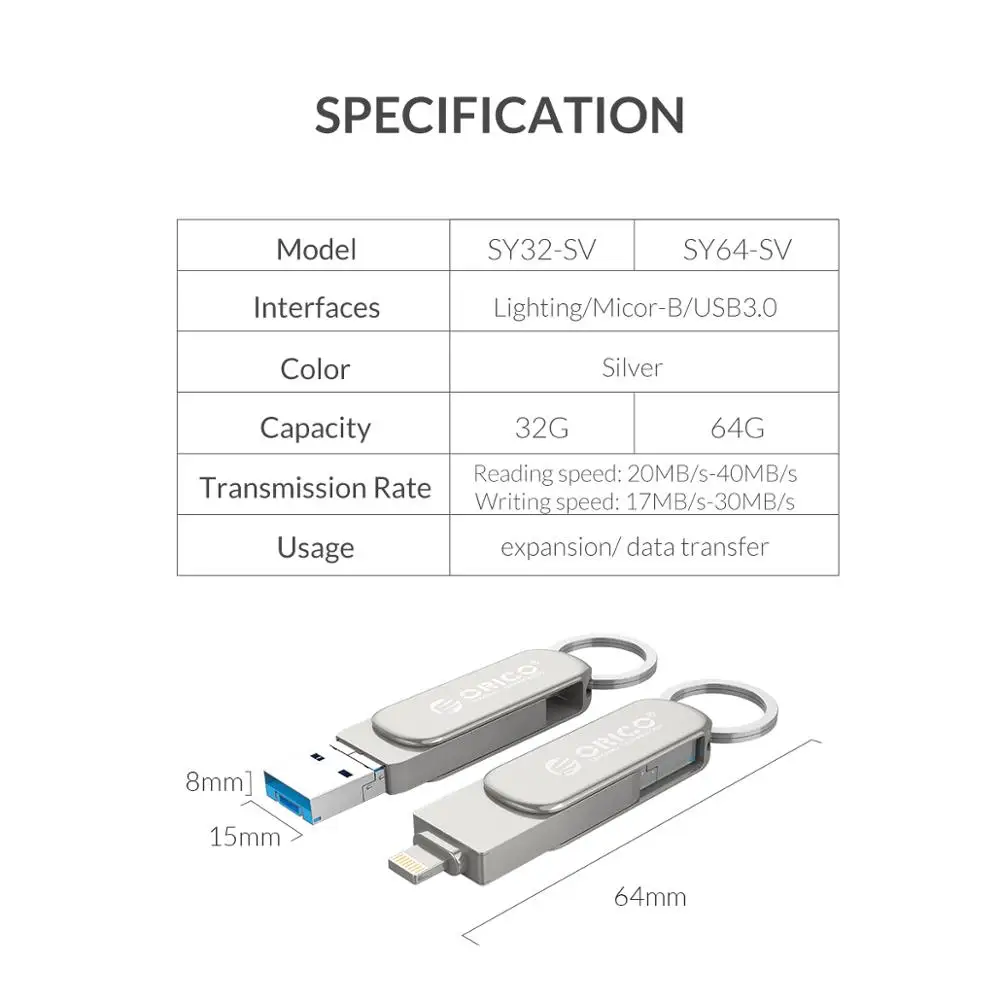 USB флеш накопитель ORICO 64 ГБ 32 3 в 1 usb с разъемом Micro B 0 Поддержка систем IOS/Andriod/PC|USB