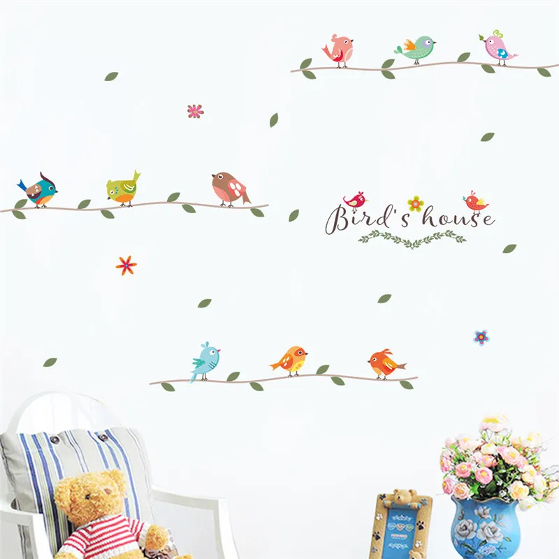 B Cartoon Cute Colorful Flower Birds Birdcage Wall Stickers Wallpaper DIY Vinyl Home Wall Decals Kids Living Room Bedroom Girls Room Decor
