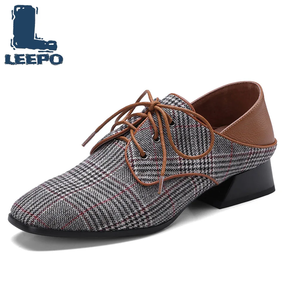 

LEEPO Pumps Shoes Women Retro Gingham Fabric Low Heels Brogues Ladies Thick Heels Pumps Woman Square Toe Oxfords Dress Shoes 3CM
